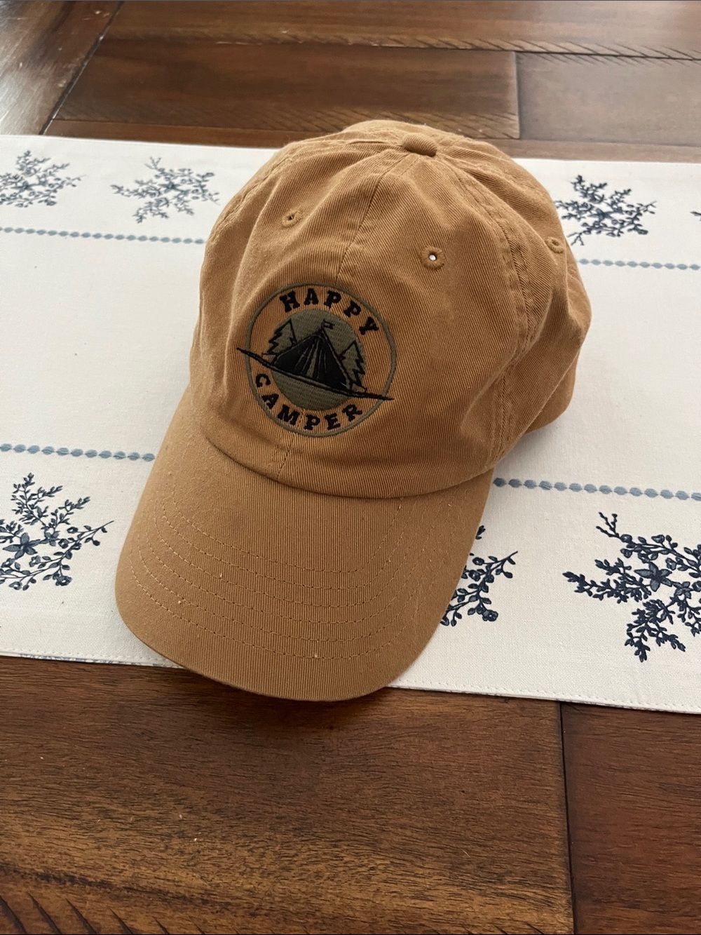Happy Camper Tan Cotton Baseball Cap with Embroidered Badge